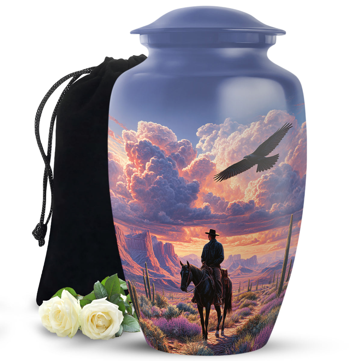 Misty Blue Cowboy Cremation Urn angled view of lid and engraved motif - classic sculpted cowboy pattern on smooth aluminum - full-size 10 inch 200 cubic inch adult cremation urn