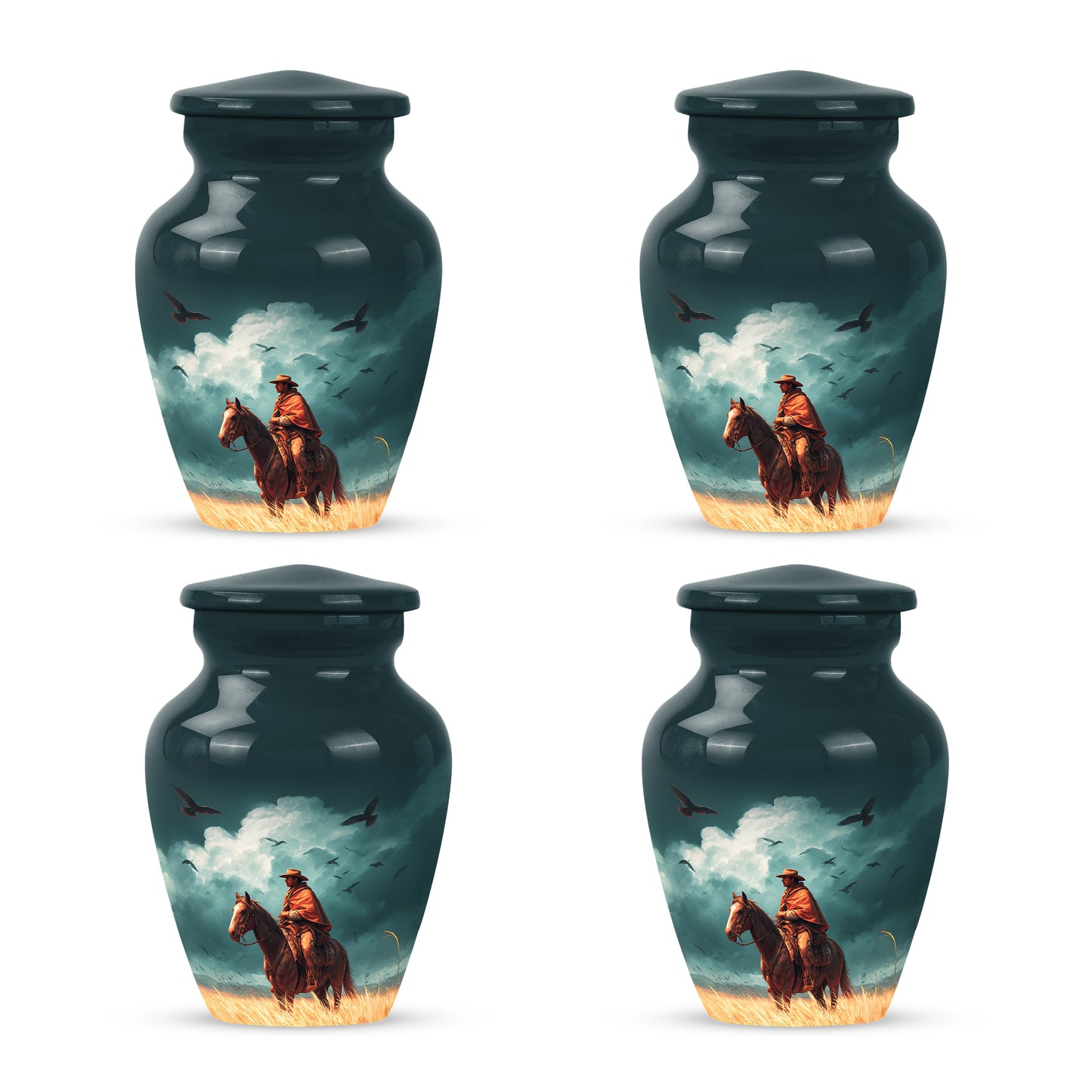 Ocean Teal Cowboy Cremation Urn side profile showing urn shape - timeless cowboy motif etched into premium metal - 10 inch aluminum urn for cremated remains