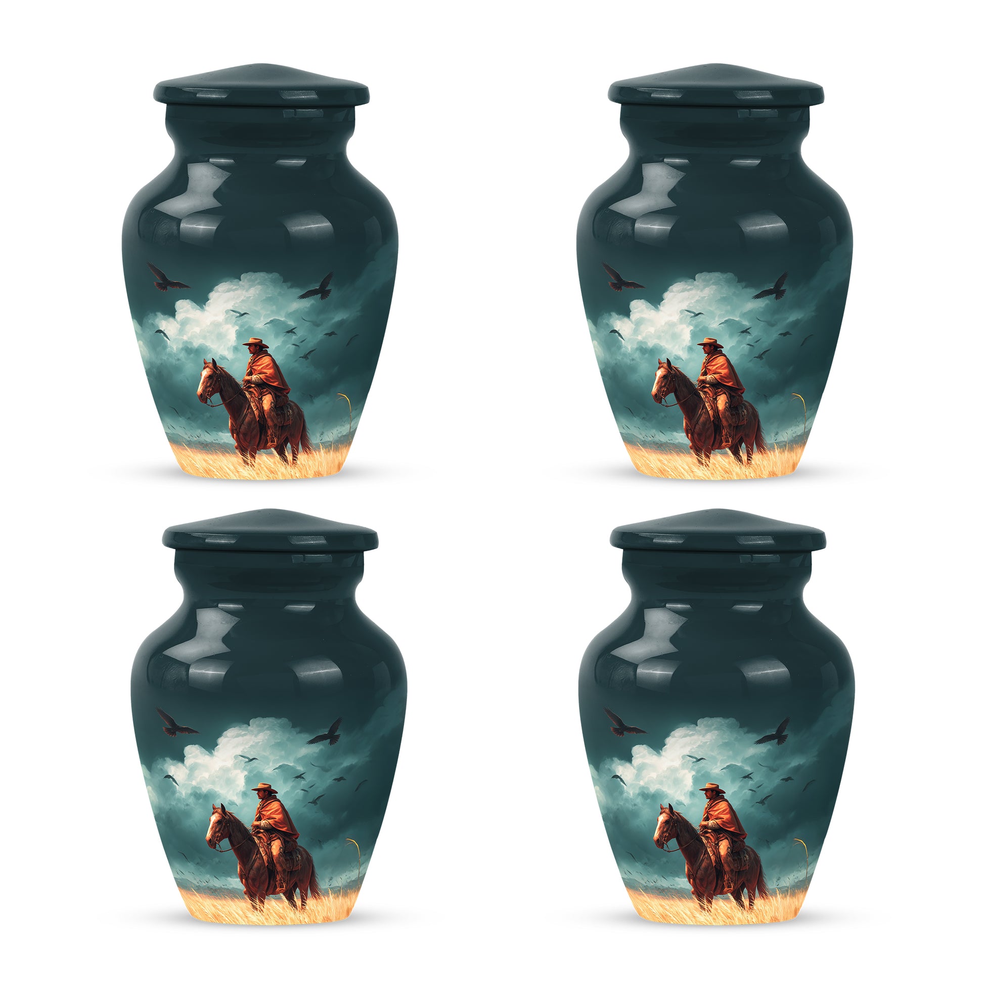 Ocean Teal Cowboy Cremation Urn side profile showing urn shape - timeless cowboy motif etched into premium metal - 10 inch aluminum urn for cremated remains