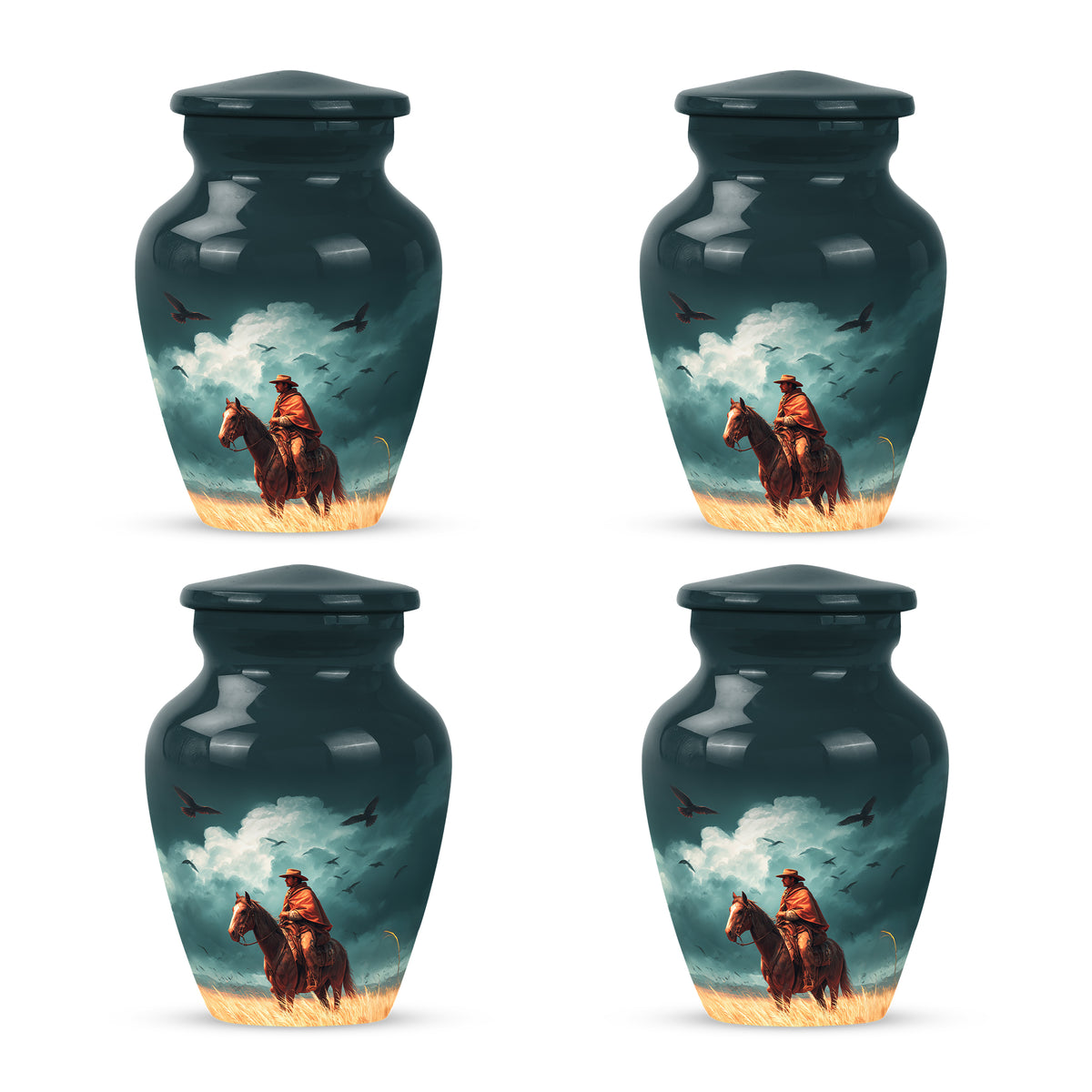 Ocean Teal Cowboy Cremation Urn side profile showing urn shape - timeless cowboy motif etched into premium metal - 10 inch aluminum urn for cremated remains