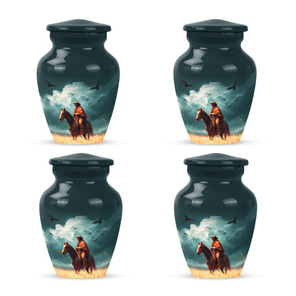 Ocean Teal Cowboy Cremation Urn side profile showing urn shape - timeless cowboy motif etched into premium metal - 10 inch aluminum urn for cremated remains