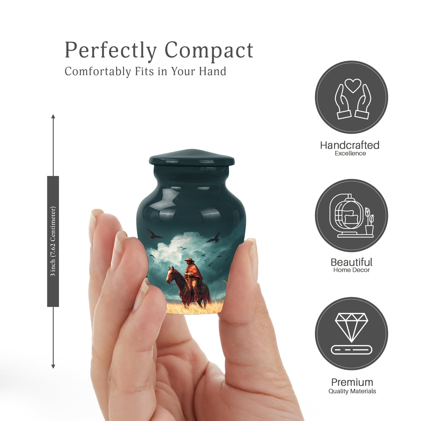 Soft Teal Cowboy Cremation Urn close-up of engraving and surface detail - timeless cowboy motif etched into premium metal - mini keepsake memorial for portion of cremation ashes