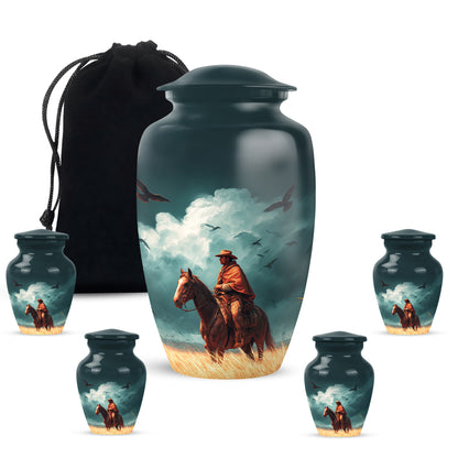 Tropical Teal Cowboy Cremation Urn top-down view of secure threaded lid - traditional cowboy engraving with hand-polished finish - memorial set with one large and four small urns