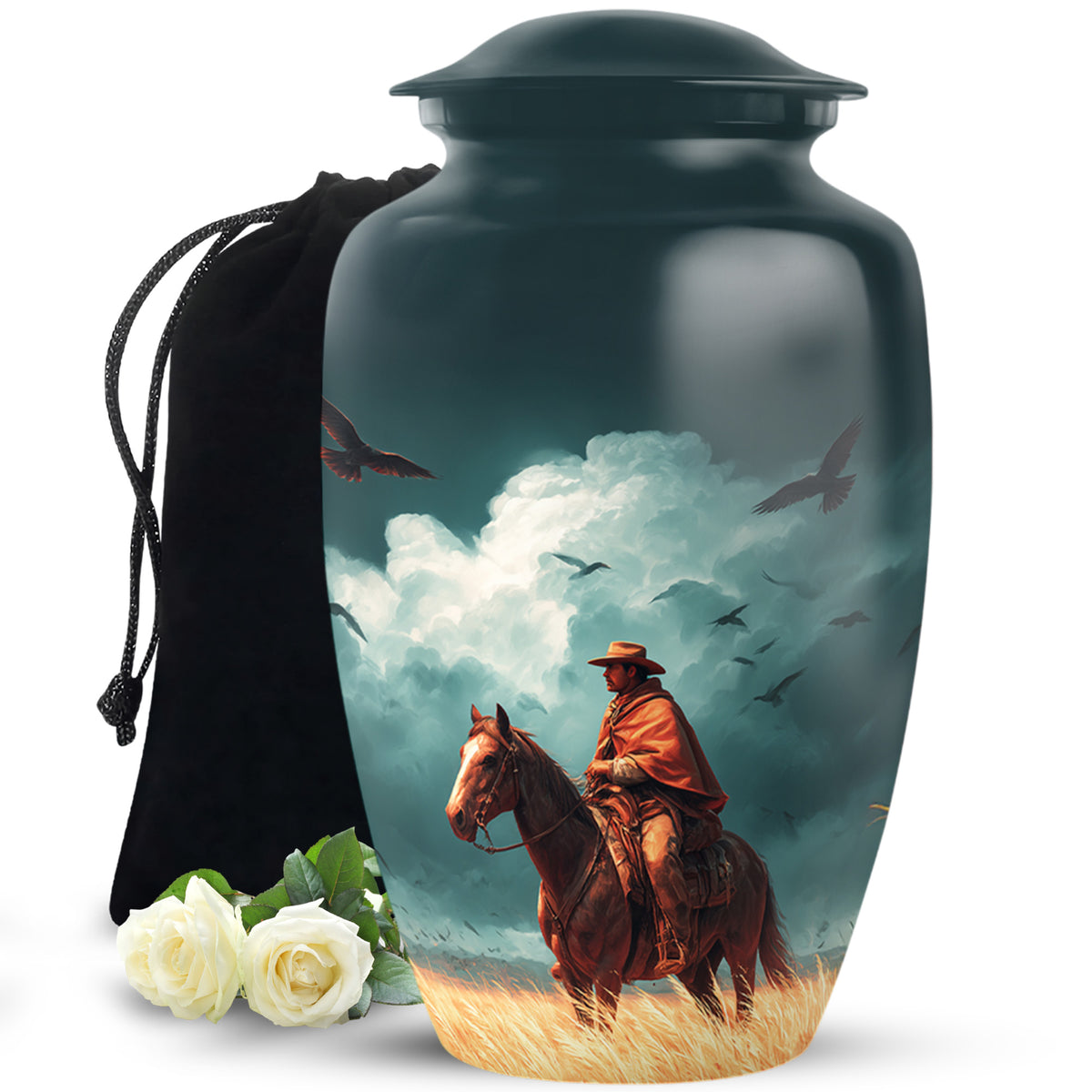 Aqua Teal Cowboy Cremation Urn angled view of lid and engraved motif - elegant classic cowboy relief with fine detailing - full-size 10 inch 200 cubic inch adult cremation urn