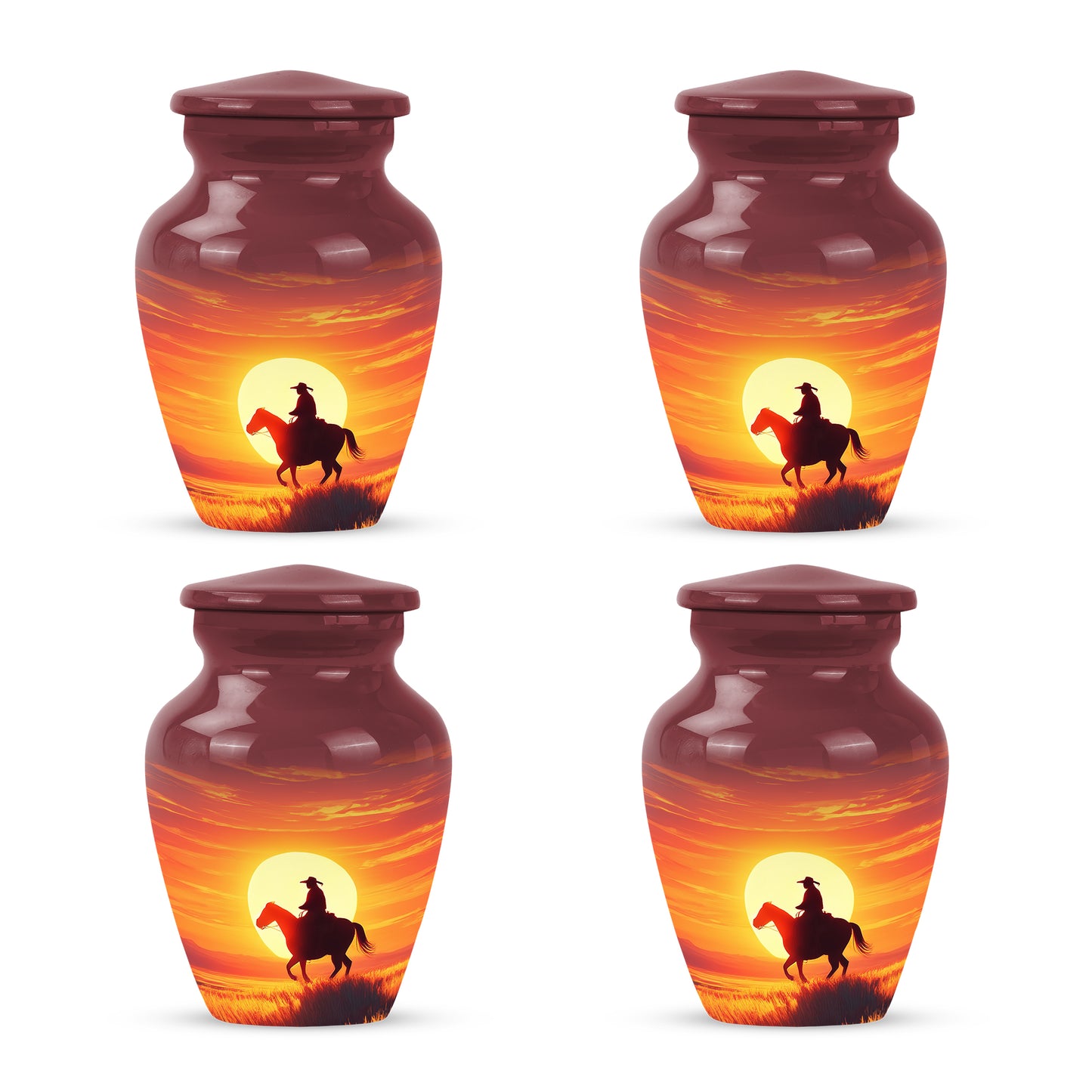 Wine Red Cowboy Cremation Urn side profile showing urn shape - classic sculpted cowboy pattern on smooth aluminum - 10 inch aluminum urn for cremated remains