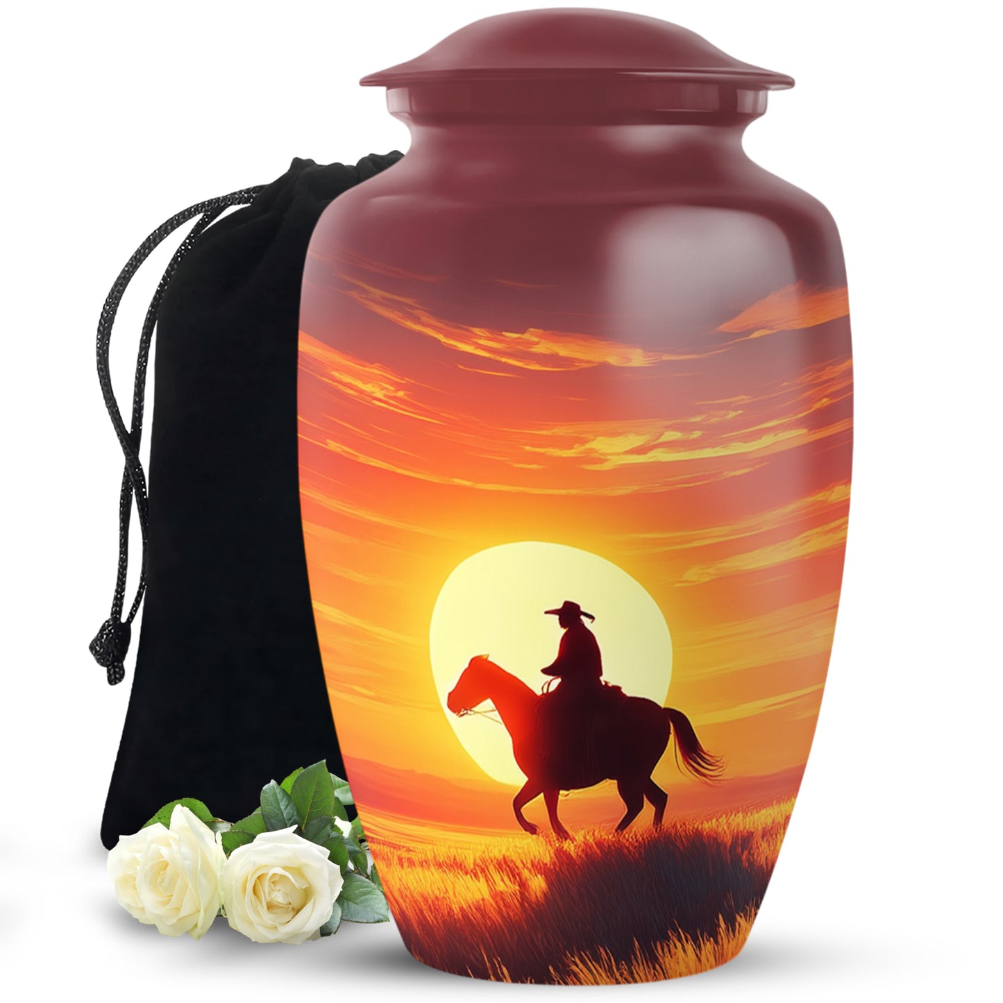 Rich Red Cowboy Cremation Urn angled view of lid and engraved motif - traditional cowboy engraving with hand-polished finish - full-size 10 inch 200 cubic inch adult cremation urn