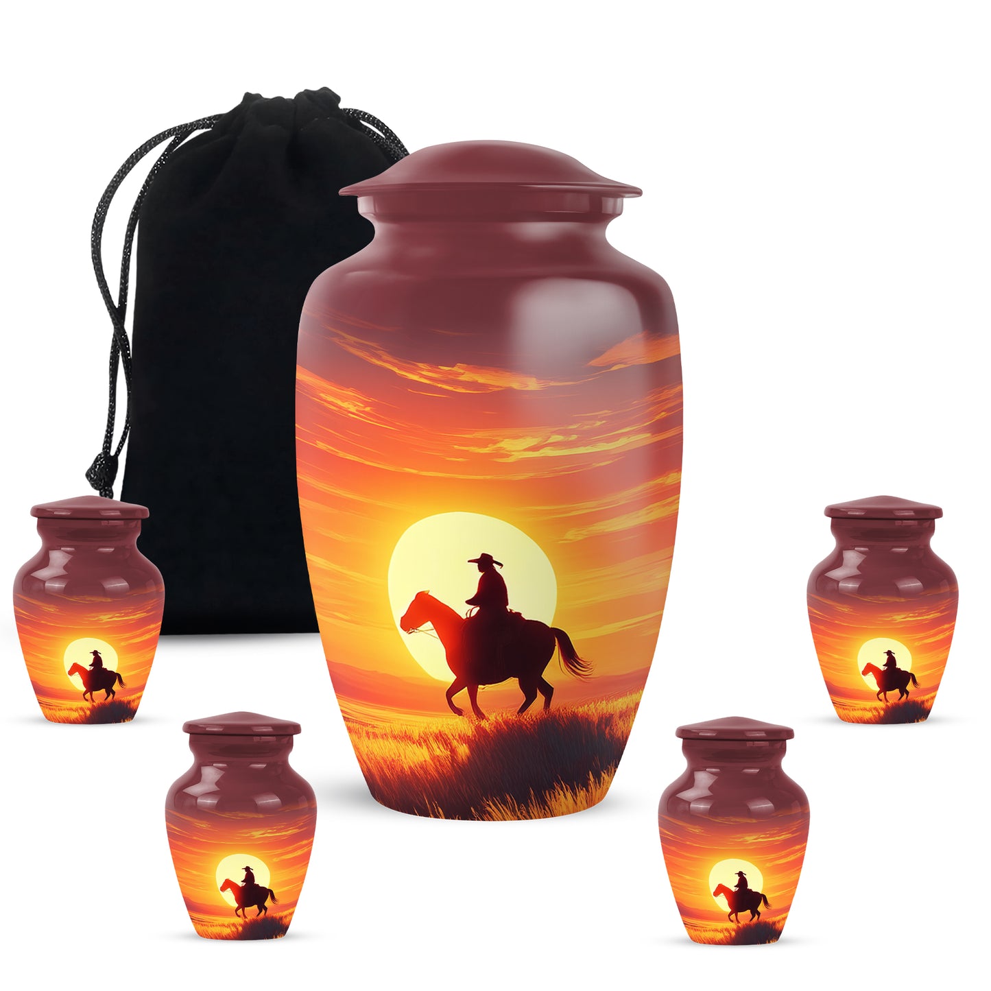 Ruby Red Cowboy Cremation Urn top-down view of secure threaded lid - elegant classic cowboy relief with fine detailing - memorial set with one large and four small urns