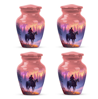 Crimson Red Cowboy Cremation Urn side profile showing urn shape - timeless cowboy motif etched into premium metal - 10 inch aluminum urn for cremated remains