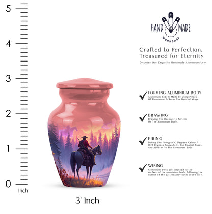 Cherry Red Cowboy Cremation Urn close-up of engraving and surface detail - traditional cowboy engraving with hand-polished finish - mini keepsake memorial for portion of cremation ashes