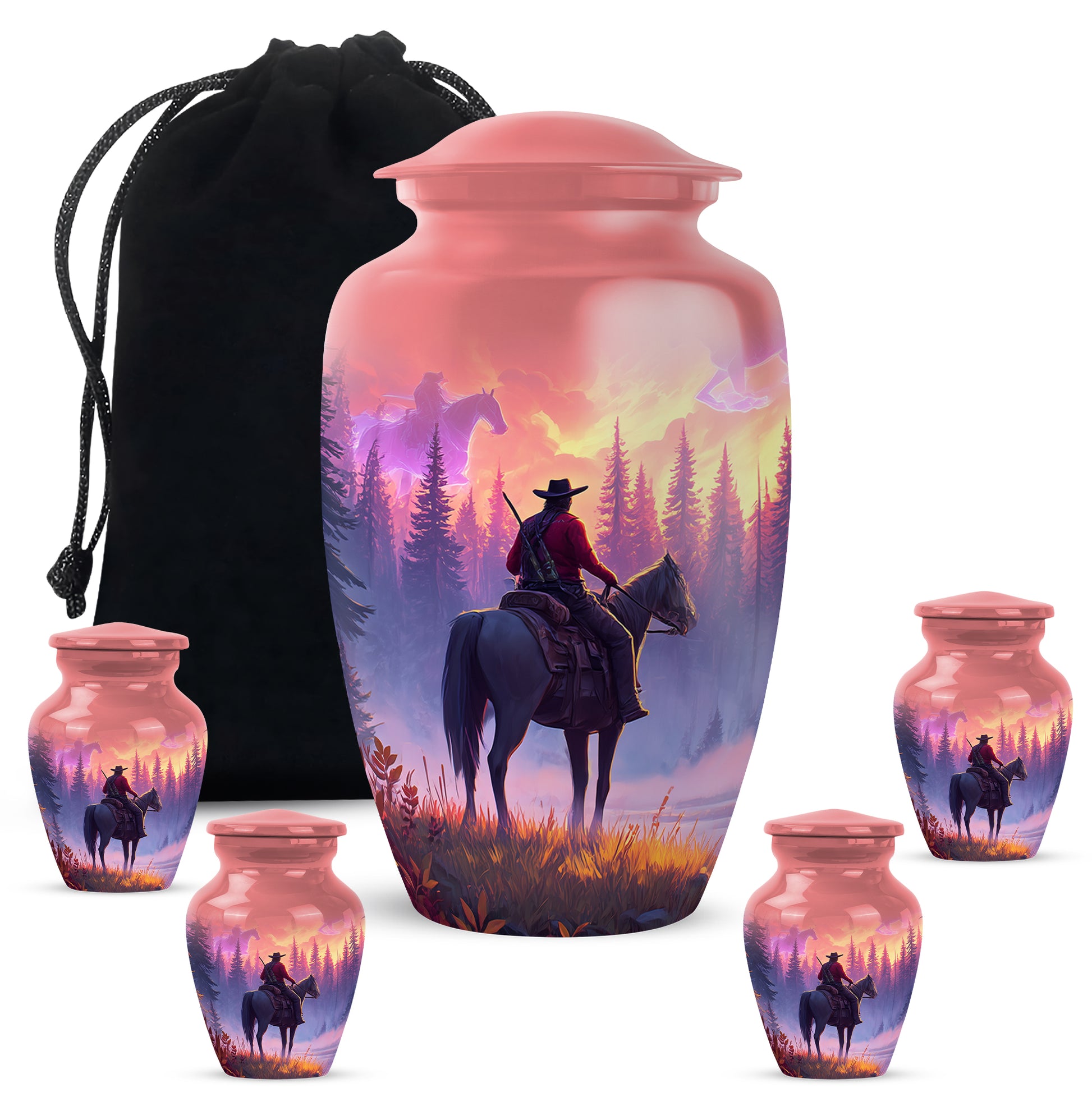 Fiery Red Cowboy Cremation Urn top-down view of secure threaded lid - traditional cowboy engraving with hand-polished finish - memorial set with one large and four small urns