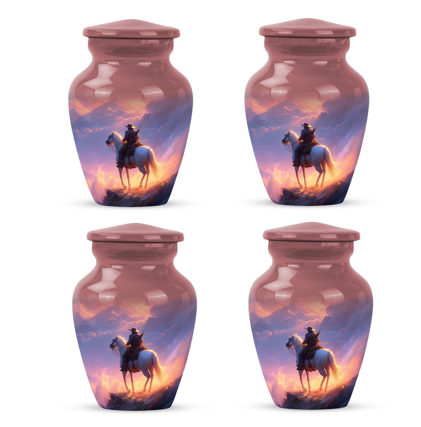 Scarlet Red Cowboy Cremation Urn side profile showing urn shape - traditional cowboy engraving with hand-polished finish - 10 inch aluminum urn for cremated remains