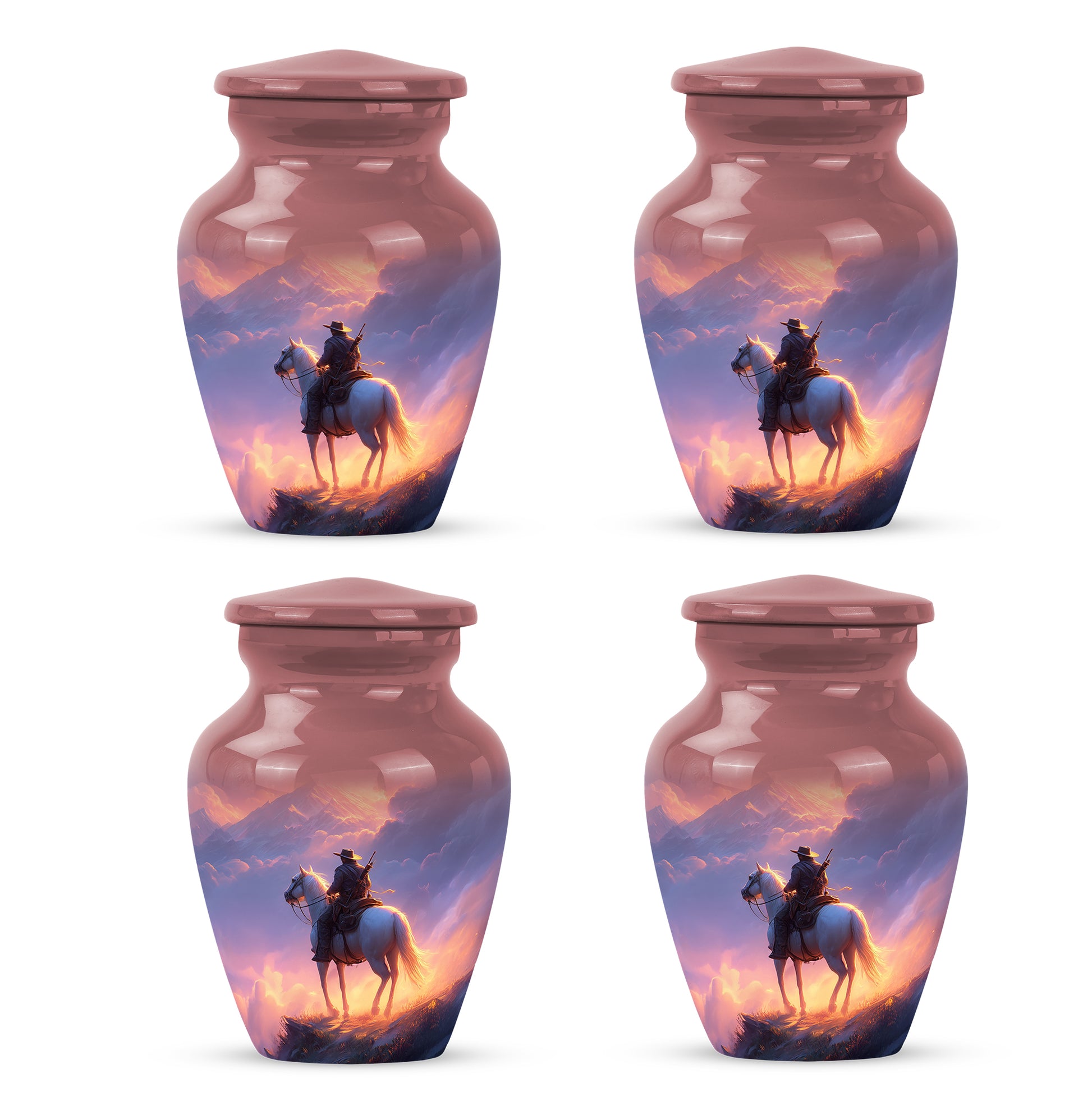 Scarlet Red Cowboy Cremation Urn side profile showing urn shape - traditional cowboy engraving with hand-polished finish - 10 inch aluminum urn for cremated remains