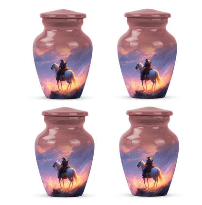 Scarlet Red Cowboy Cremation Urn side profile showing urn shape - traditional cowboy engraving with hand-polished finish - 10 inch aluminum urn for cremated remains