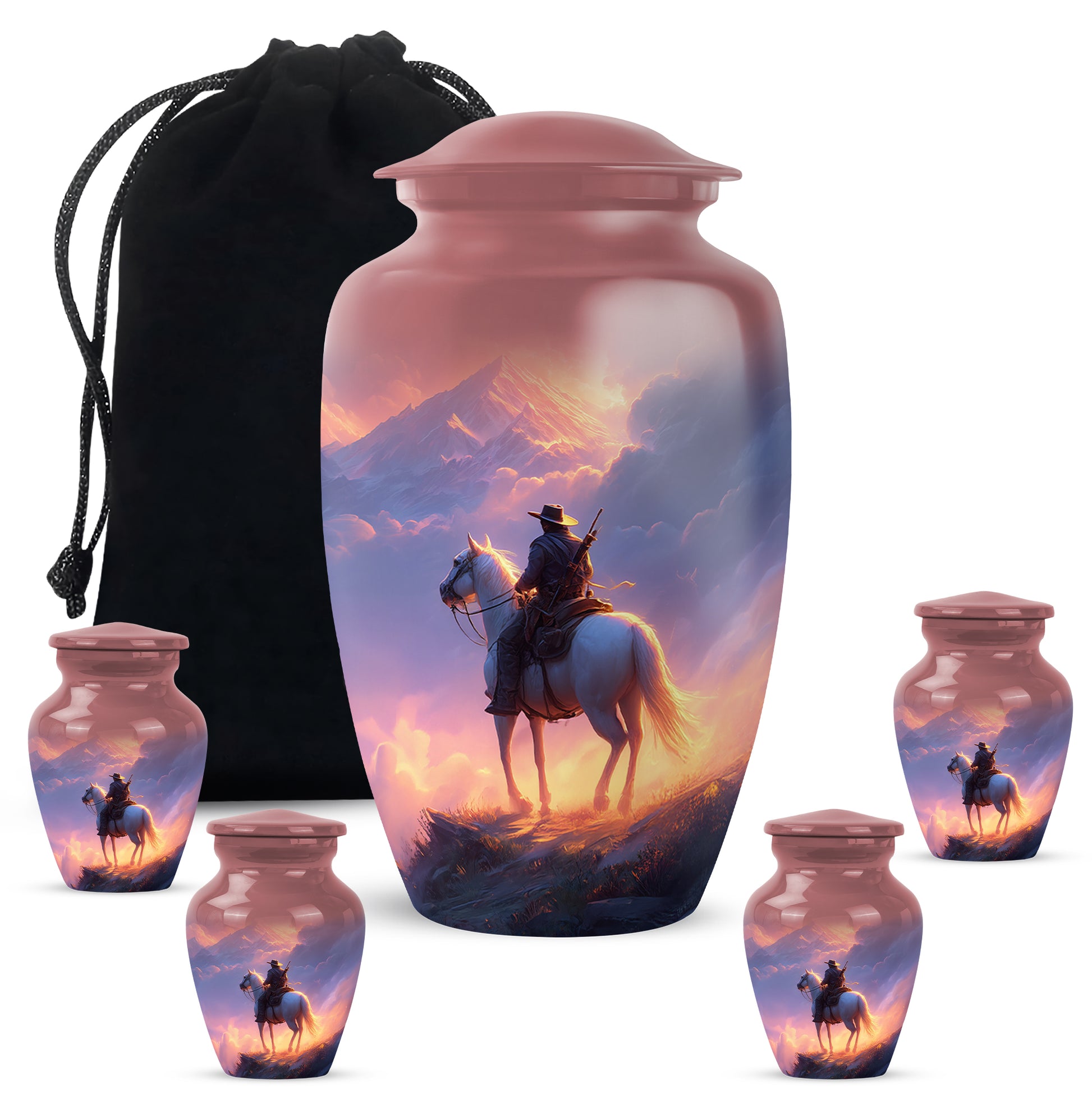 Ruby Red Cowboy Cremation Urn top-down view of secure threaded lid - traditional cowboy engraving with hand-polished finish - memorial set with one large and four small urns