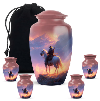 Ruby Red Cowboy Cremation Urn top-down view of secure threaded lid - traditional cowboy engraving with hand-polished finish - memorial set with one large and four small urns