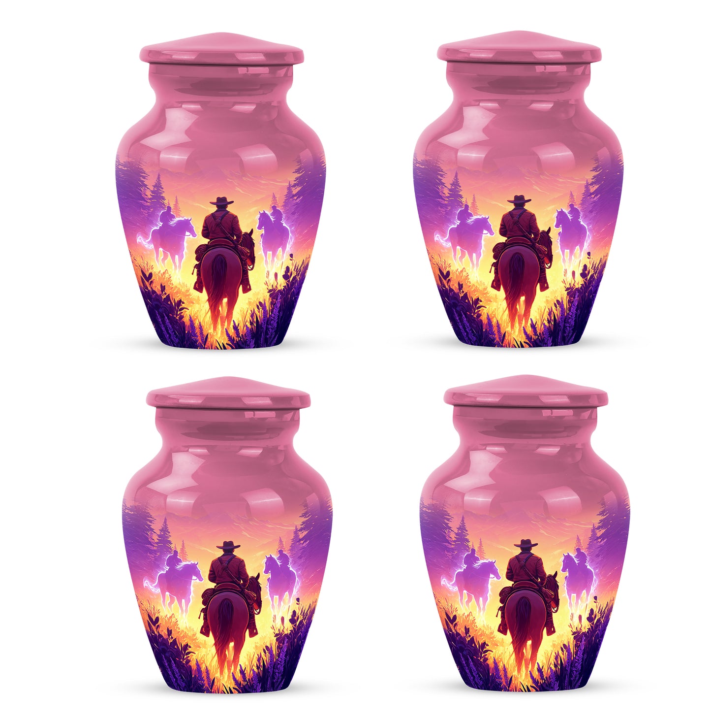 Vintage Pink Cowboy Cremation Urn side profile showing urn shape - elegant classic cowboy relief with fine detailing - 10 inch aluminum urn for cremated remains