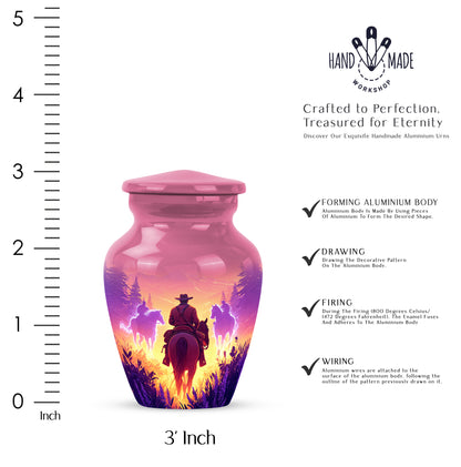 Petal Pink Cowboy Cremation Urn close-up of engraving and surface detail - traditional cowboy engraving with hand-polished finish - mini keepsake memorial for portion of cremation ashes