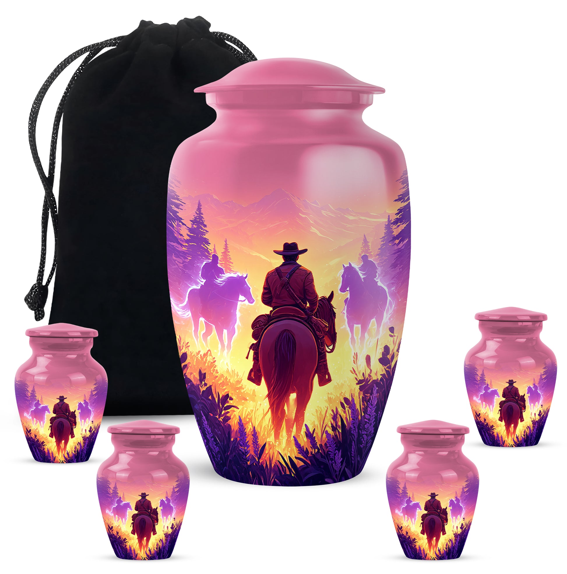 Salmon Pink Cowboy Cremation Urn top-down view of secure threaded lid - traditional cowboy engraving with hand-polished finish - memorial set with one large and four small urns