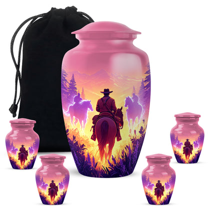 Salmon Pink Cowboy Cremation Urn top-down view of secure threaded lid - traditional cowboy engraving with hand-polished finish - memorial set with one large and four small urns
