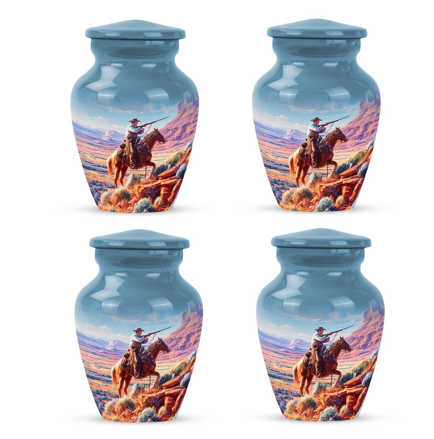 Azure Cowboy Cremation Urn side profile showing urn shape - classic sculpted cowboy pattern on smooth aluminum - 10 inch aluminum urn for cremated remains