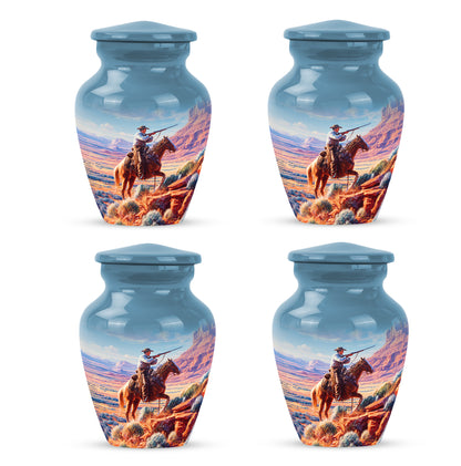 Azure Cowboy Cremation Urn side profile showing urn shape - classic sculpted cowboy pattern on smooth aluminum - 10 inch aluminum urn for cremated remains