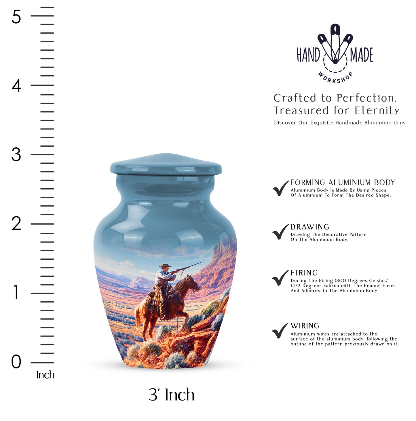 Serene Blue Cowboy Cremation Urn close-up of engraving and surface detail - traditional cowboy engraving with hand-polished finish - mini keepsake memorial for portion of cremation ashes