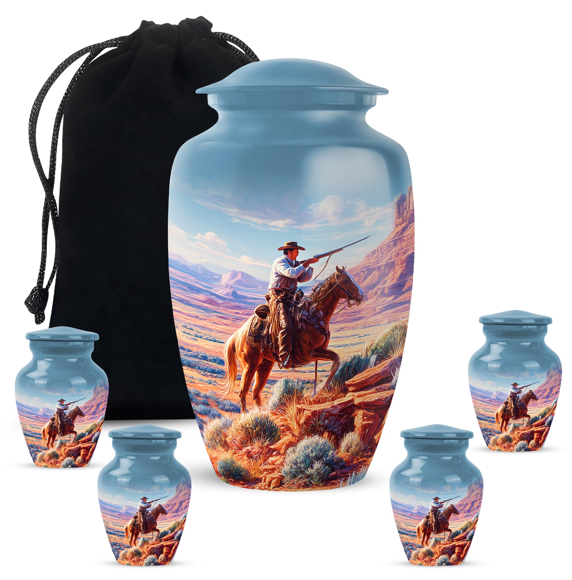 Calming Blue Cowboy Cremation Urn top-down view of secure threaded lid - elegant classic cowboy relief with fine detailing - memorial set with one large and four small urns