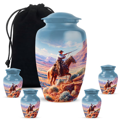 Calming Blue Cowboy Cremation Urn top-down view of secure threaded lid - elegant classic cowboy relief with fine detailing - memorial set with one large and four small urns