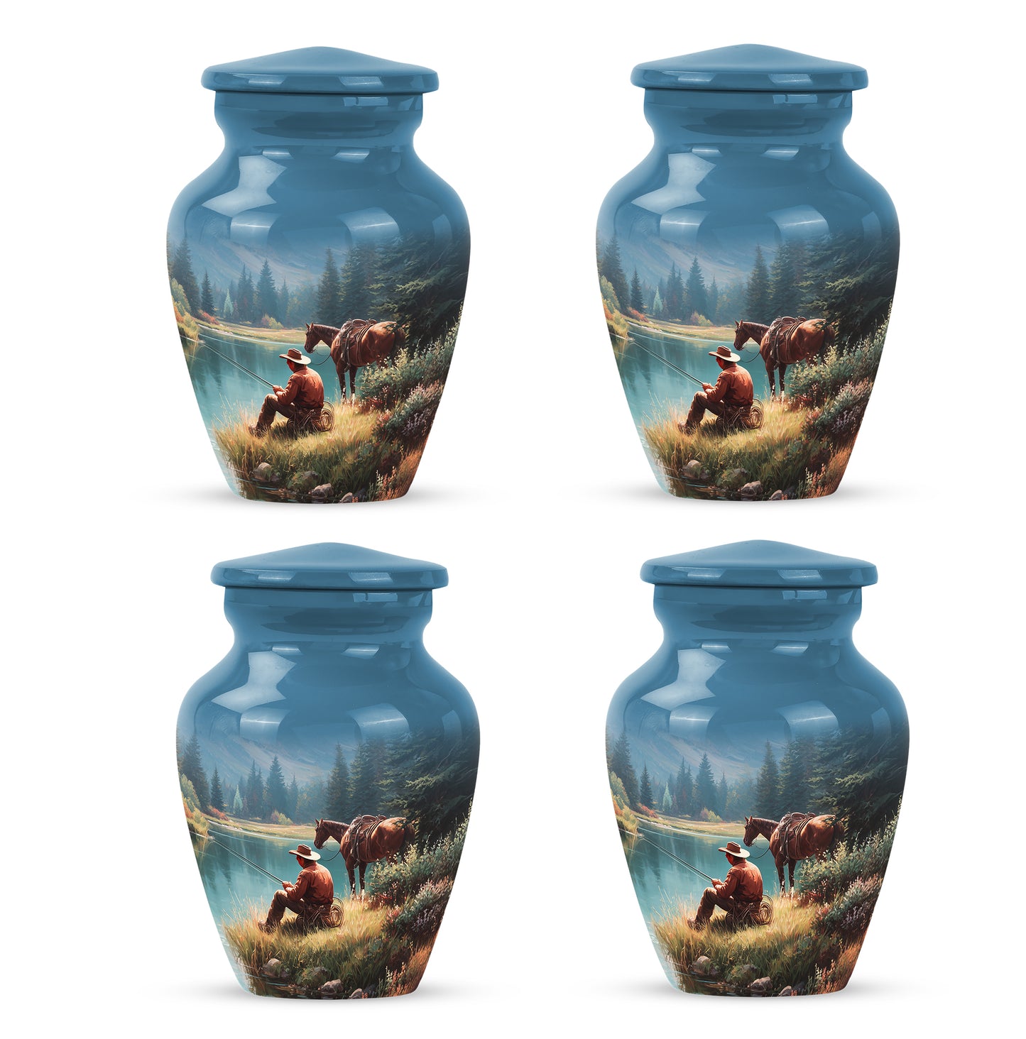 Celestial Blue Cowboy Cremation Urn side profile showing urn shape - timeless cowboy motif etched into premium metal - 10 inch aluminum urn for cremated remains