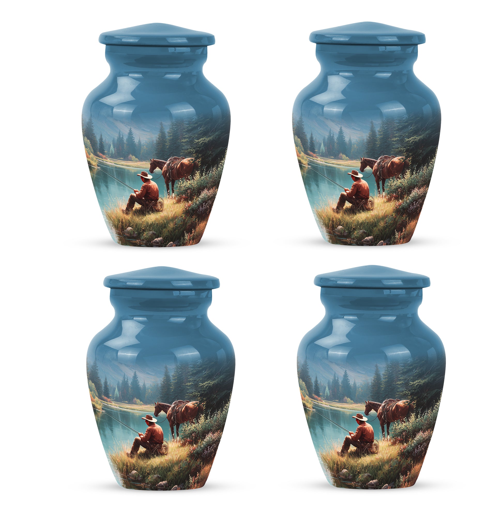 Celestial Blue Cowboy Cremation Urn side profile showing urn shape - timeless cowboy motif etched into premium metal - 10 inch aluminum urn for cremated remains