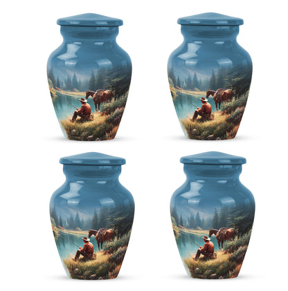 Celestial Blue Cowboy Cremation Urn side profile showing urn shape - timeless cowboy motif etched into premium metal - 10 inch aluminum urn for cremated remains