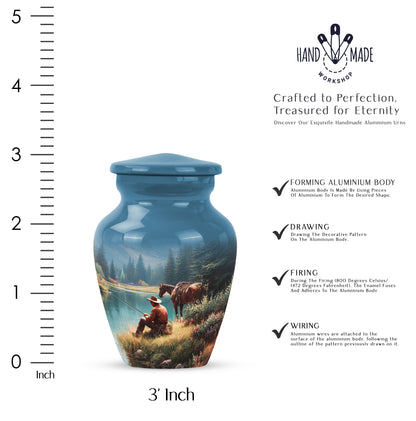 Slate Blue Cowboy Cremation Urn close-up of engraving and surface detail - classic sculpted cowboy pattern on smooth aluminum - mini keepsake memorial for portion of cremation ashes
