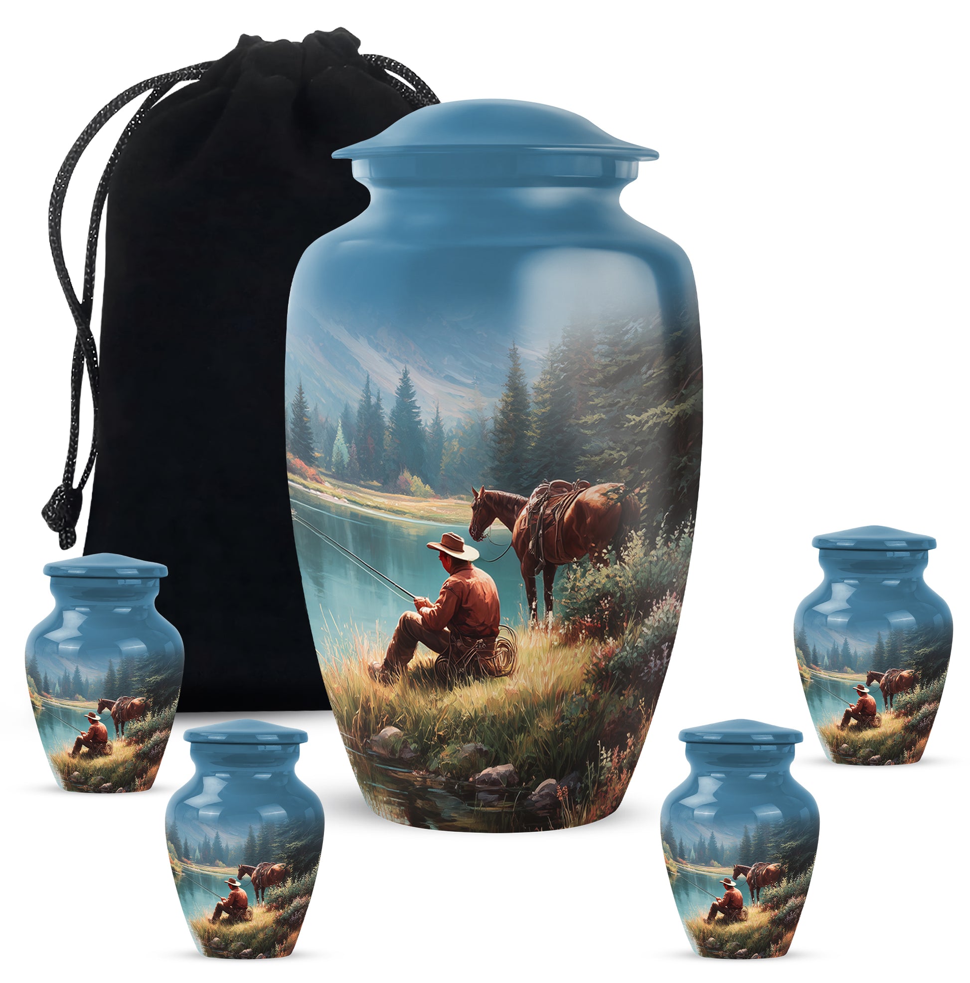 Soft Blue Cowboy Cremation Urn top-down view of secure threaded lid - elegant classic cowboy relief with fine detailing - memorial set with one large and four small urns