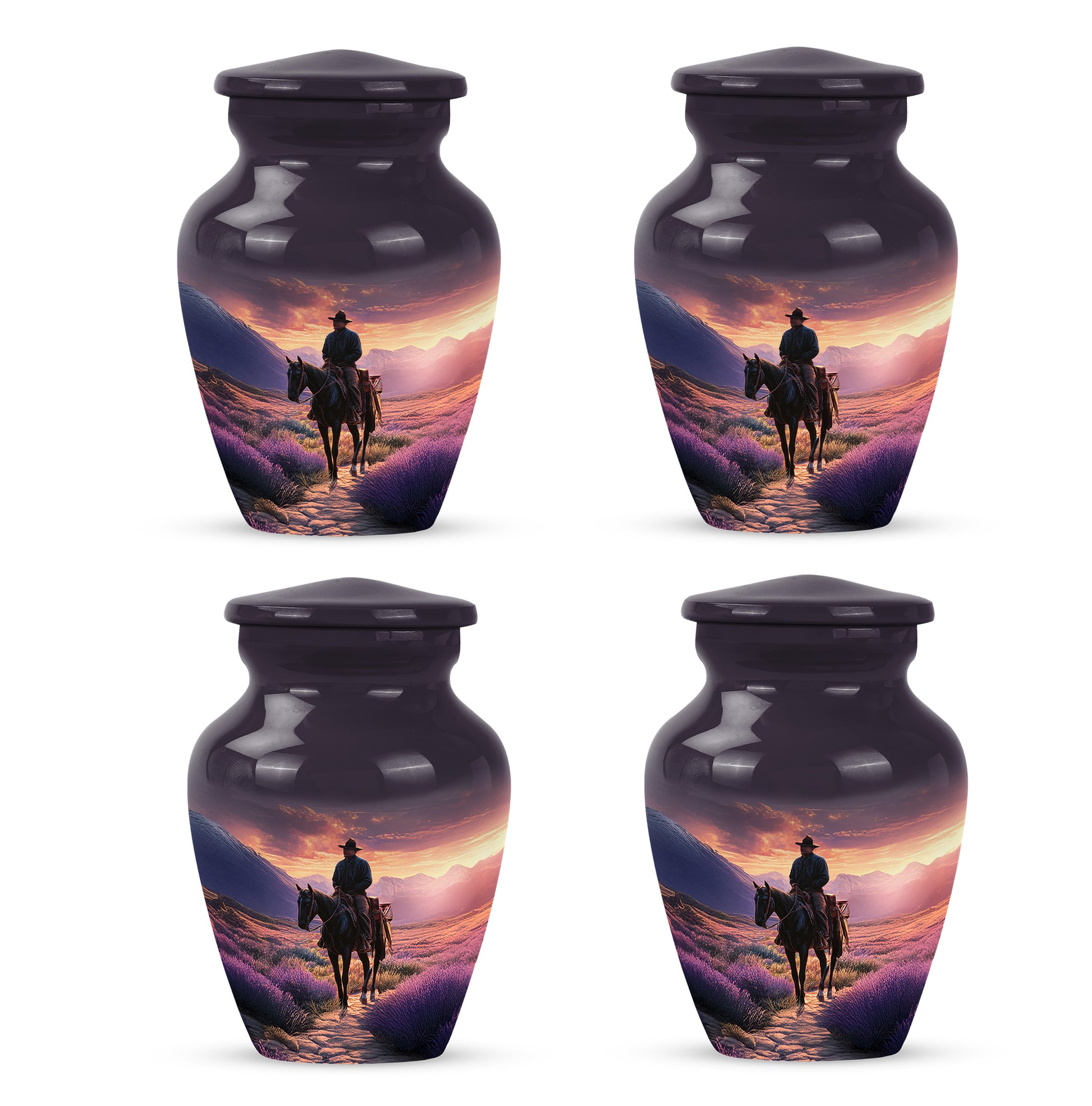 Grape Purple Cowboy Cremation Urn side profile showing urn shape - traditional cowboy engraving with hand-polished finish - 10 inch aluminum urn for cremated remains