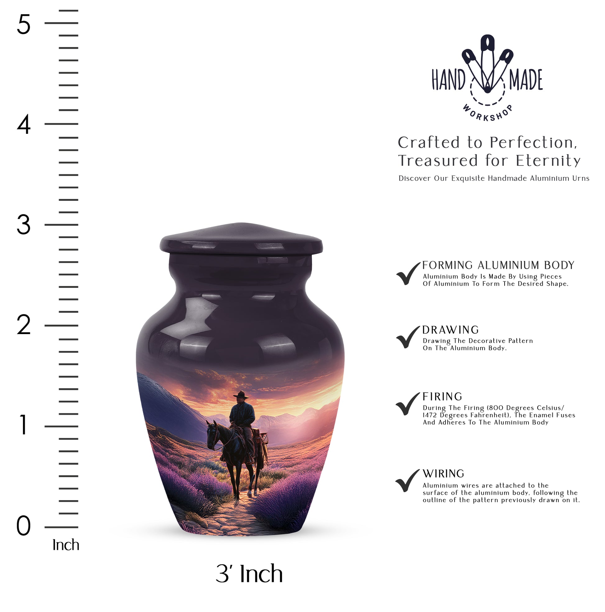 Plum Purple Cowboy Cremation Urn close-up of engraving and surface detail - classic sculpted cowboy pattern on smooth aluminum - mini keepsake memorial for portion of cremation ashes