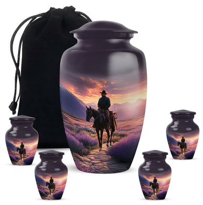 Royal Purple Cowboy Cremation Urn top-down view of secure threaded lid - traditional cowboy engraving with hand-polished finish - memorial set with one large and four small urns