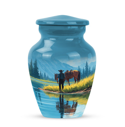 Blue Resounding Cowboy Memorial Urn for Ashes - 10-inch, 200 cu in - Yatskia