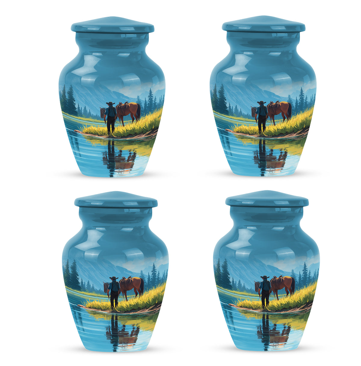 Dusty Blue Cowboy Cremation Urn side profile showing urn shape - classic sculpted cowboy pattern on smooth aluminum - 10 inch aluminum urn for cremated remains