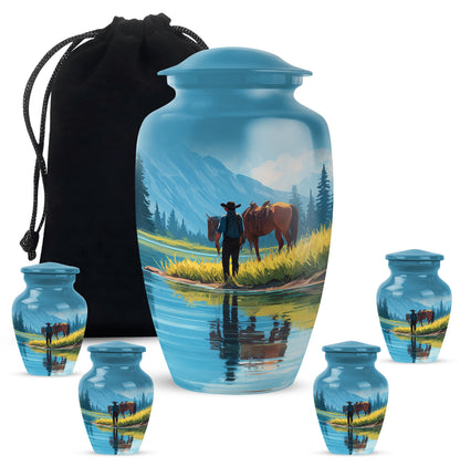 Royal Blue Cowboy Cremation Urn top-down view of secure threaded lid - traditional cowboy engraving with hand-polished finish - memorial set with one large and four small urns