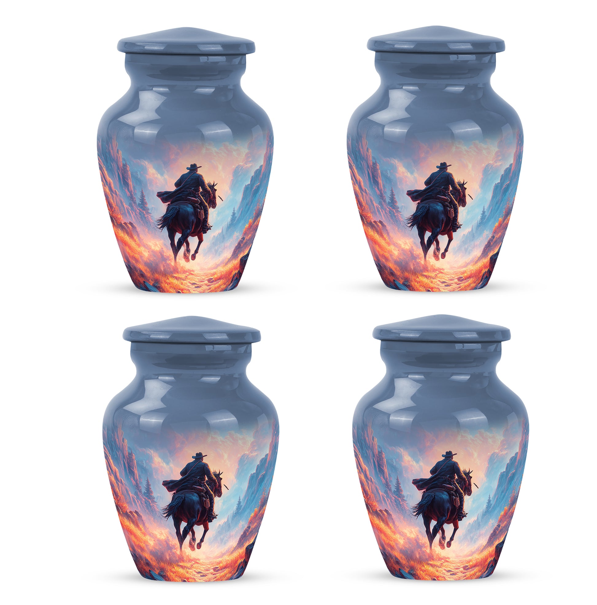 Misty Blue Cowboy Cremation Urn side profile showing urn shape - timeless cowboy motif etched into premium metal - 10 inch aluminum urn for cremated remains