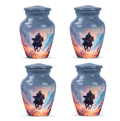 Misty Blue Cowboy Cremation Urn side profile showing urn shape - timeless cowboy motif etched into premium metal - 10 inch aluminum urn for cremated remains
