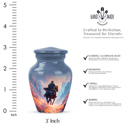 Royal Blue Cowboy Cremation Urn close-up of engraving and surface detail - elegant classic cowboy relief with fine detailing - mini keepsake memorial for portion of cremation ashes