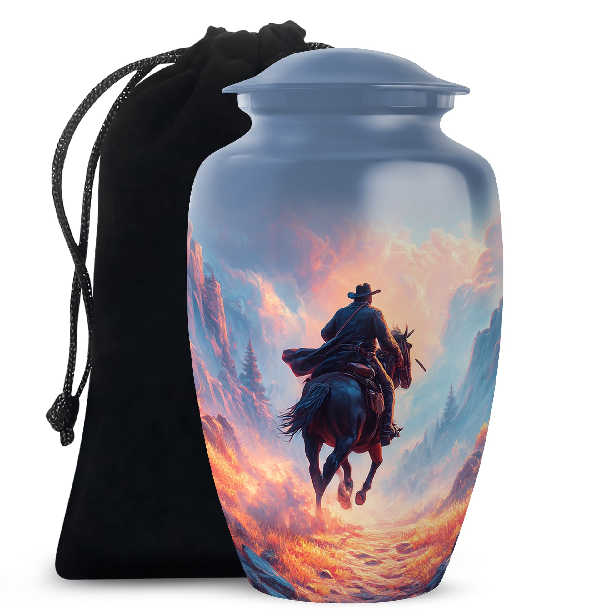 Dusty Blue Cowboy Cremation Urn angled view of lid and engraved motif - timeless cowboy motif etched into premium metal - full-size 10 inch 200 cubic inch adult cremation urn