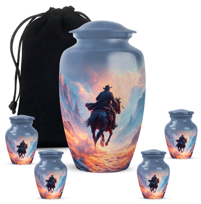 Royal Blue Cowboy Cremation Urn top-down view of secure threaded lid - elegant classic cowboy relief with fine detailing - memorial set with one large and four small urns