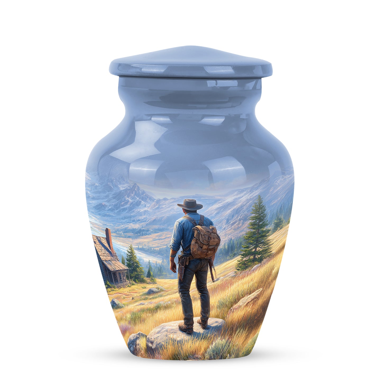 Inspiring Blue Cowboy Homage Urn for Human Ashes - 10-inch, 200 cu in - Yatskia