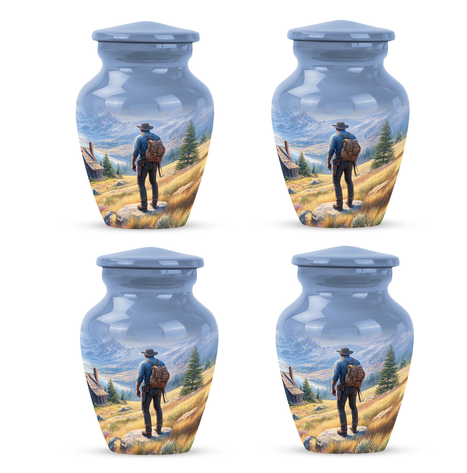 Sapphire Blue Cowboy Cremation Urn side profile showing urn shape - elegant classic cowboy relief with fine detailing - 10 inch aluminum urn for cremated remains