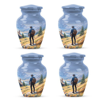Sapphire Blue Cowboy Cremation Urn side profile showing urn shape - elegant classic cowboy relief with fine detailing - 10 inch aluminum urn for cremated remains