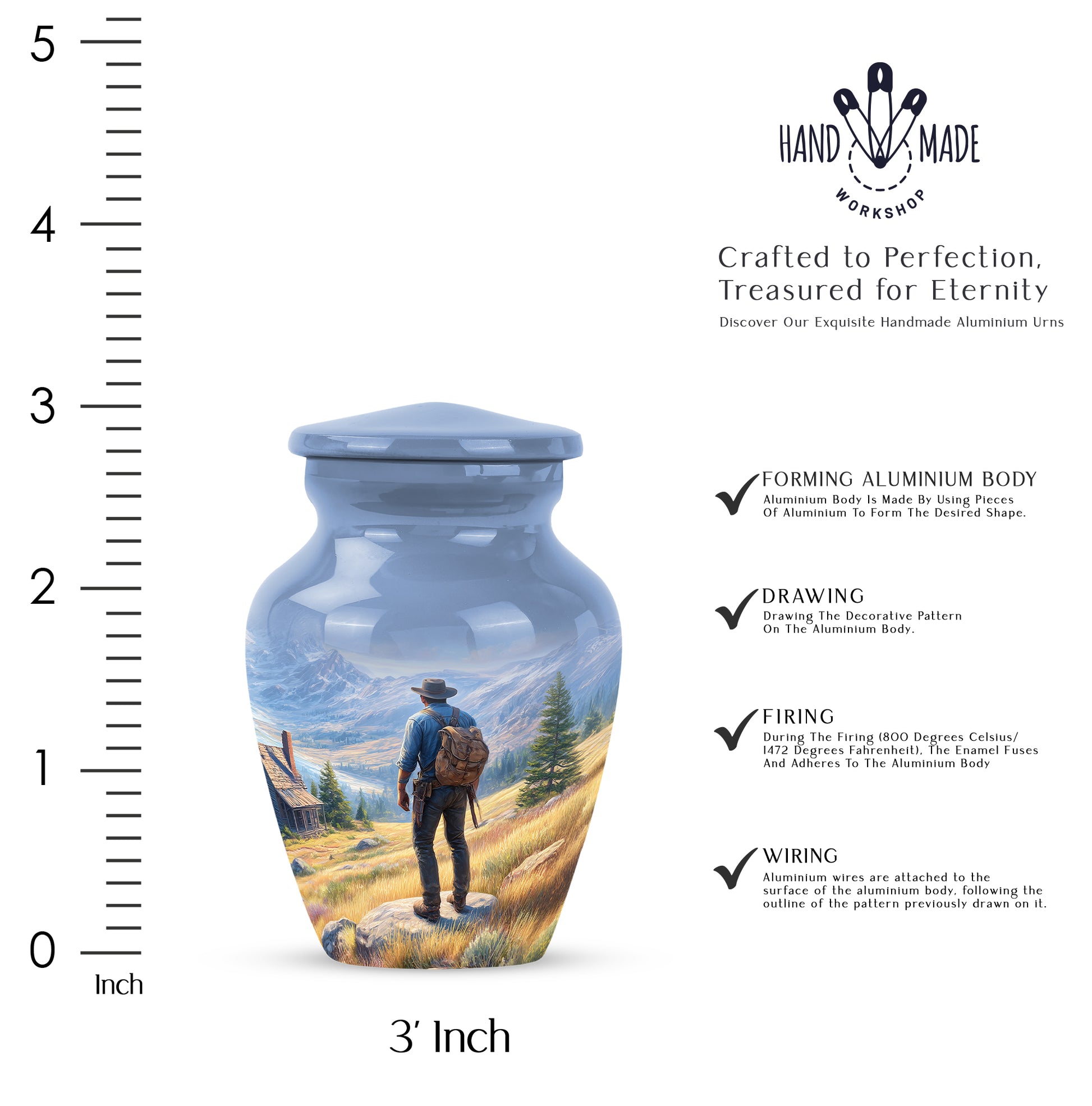 Cobalt Blue Cowboy Cremation Urn close-up of engraving and surface detail - traditional cowboy engraving with hand-polished finish - mini keepsake memorial for portion of cremation ashes
