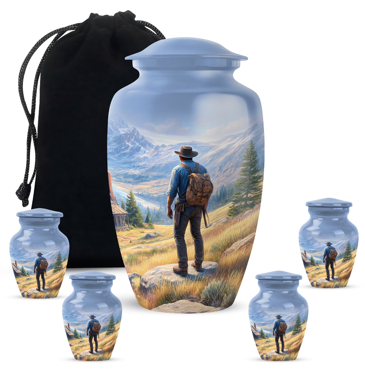 Steel Blue Cowboy Cremation Urn top-down view of secure threaded lid - elegant classic cowboy relief with fine detailing - memorial set with one large and four small urns