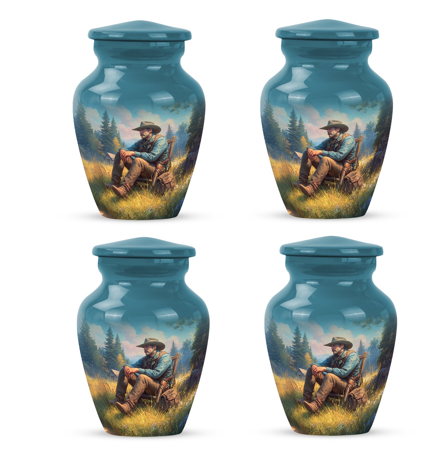 Ocean Teal Cowboy Cremation Urn side profile showing urn shape - classic sculpted cowboy pattern on smooth aluminum - 10 inch aluminum urn for cremated remains